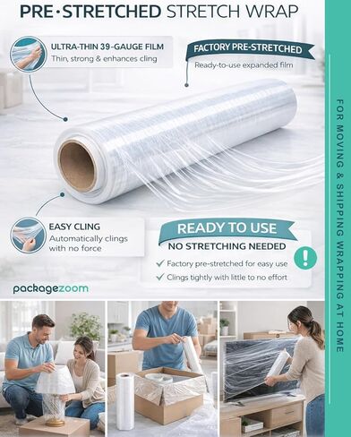 PackageZoom 1 Rolls Pre-Stretched Stretch Wrap Film, Already Stretched Before Use, 15 in x 2000 ft, Clear Plastic Wrap for Moving, Storage, and Shipping in Saudi Arabia
