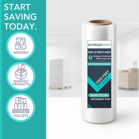 PackageZoom 1 Rolls Pre-Stretched Stretch Wrap Film, Already Stretched Before Use, 15 in x 2000 ft, Clear Plastic Wrap for Moving, Storage, and Shipping in Saudi Arabia