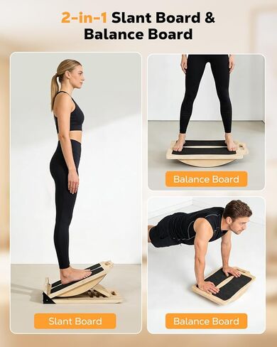 MoKo 2-in-1 Wooden Slant Board & Balance Board, 4 Adjustable Inclines Calf Stretcher for Knees, Ankles, Heels, Feet and Legs, Non-slip Stretch Boards Support up to 220lbs in Saudi Arabia