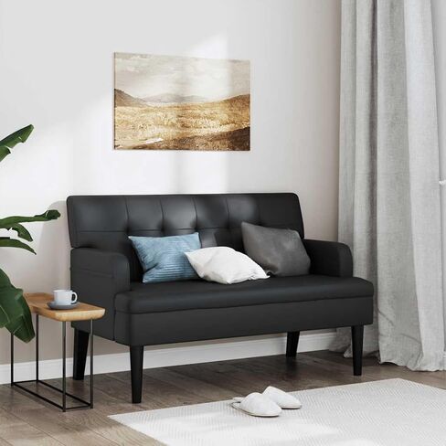 Black Faux Leather Upholstered Bench with Tufted Cushion and Solid Rubber Wood Frame, 44.1 Inch Modern Entryway Seating for Hallway Bedroom Living Room, Durable Low in Saudi Arabia