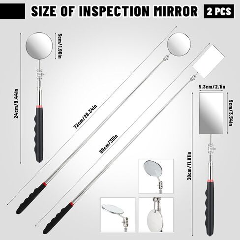 قطعتان من مرايا الفحص التلسكوبية، مرآة ميكانيكية تلسكوبية مستديرة مستطيلة الشكل بمقبض طويل، أدوات فحص مرآة ميكانيكية قابلة للتمديد بزاوية 360 درجة لفحص حالة السيارة in Kuwait