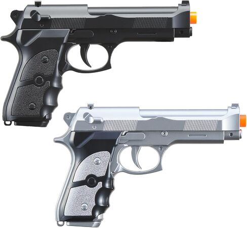 مجموعة مسدسات Goldenball Spring-Powered Bereta M9 Airsoft المكونة من قطعتين (فضي وأسود) - إطلاق النار بسرعة 180 إطارًا في الثانية in Saudi Arabia