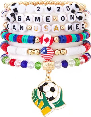 أساور كأس العالم لكرة القدم 2026 - [6] قطع من مجموعة خرز هيشي القابلة للتكديس من CAN USA MEX - إكسسوارات مشجعي كرة القدم وكرة القدم - مجوهرات روح فريق الأمم المضيفة للنساء والفتيات وأمهات كرة القدم in Kuwait