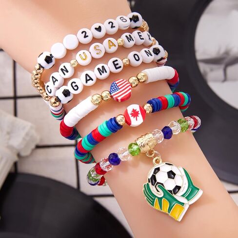 أساور كأس العالم لكرة القدم 2026 - [6] قطع من مجموعة خرز هيشي القابلة للتكديس من CAN USA MEX - إكسسوارات مشجعي كرة القدم وكرة القدم - مجوهرات روح فريق الأمم المضيفة للنساء والفتيات وأمهات كرة القدم in Kuwait