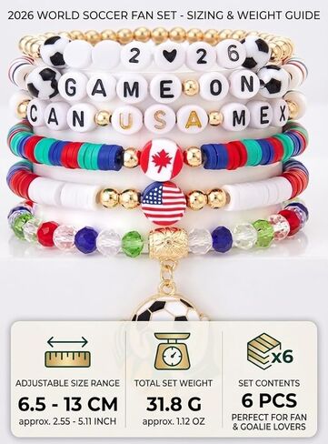 أساور كأس العالم لكرة القدم 2026 - [6] قطع من مجموعة خرز هيشي القابلة للتكديس من CAN USA MEX - إكسسوارات مشجعي كرة القدم وكرة القدم - مجوهرات روح فريق الأمم المضيفة للنساء والفتيات وأمهات كرة القدم in Kuwait