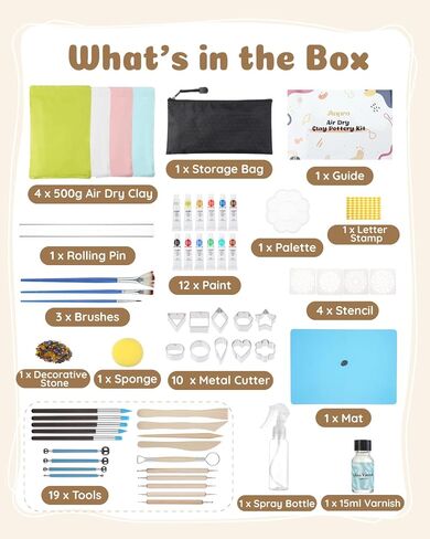 Pottery Kit,Air-Dry Clay Starter Kit for Beginners Clay Kit, Home Made Pottery Set, DIY Air-Dry Clay Kit, Pottery Kit w/Paint Set, Varnish, 10 Paint, Brushes, Sponge, Step Guide in Kuwait