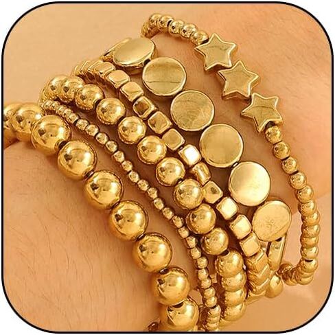 6pcs كرات النجوم الذهبية من الأساور المزينة بالنساء للنساء أزياء قابلة للتكديس جولة أساور حبة العملة ببيان سوار خمر المجوهرات المرنة in Saudi Arabia
