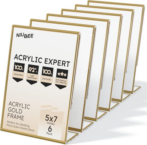 NIUBEE 6 Pack 5 x 7 Acrylic Gold Frame, Slanted Back Table Sign Holder for Wedding Table Numbers, Restaurant Signs, Photos and Art Display Visit the Store in Saudi Arabia
