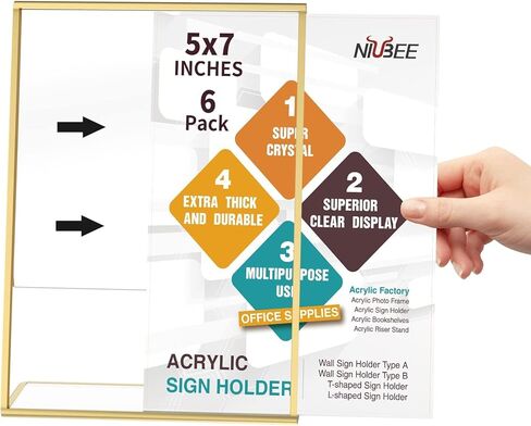 NIUBEE 6 Pack 5 x 7 Acrylic Gold Frame, Slanted Back Table Sign Holder for Wedding Table Numbers, Restaurant Signs, Photos and Art Display Visit the Store in Saudi Arabia