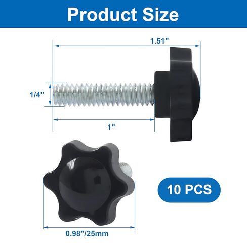 10 قطع 1/4 بوصة - 20 × 1 صواميل إبهام ملولبة، مسامير إبهام مخرشة، مقابض بلاستيكية سوداء، براغي تثبيت لاستبدال قاعدة المظلة in Kuwait