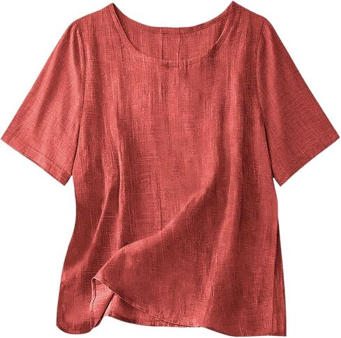 Cotton Linen Tops for Women Casual Loose Fit Crewneck Short Sleeve Plain Tshirts Shirts Ladies Summer Vacation Blouses in Saudi Arabia