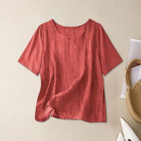 Cotton Linen Tops for Women Casual Loose Fit Crewneck Short Sleeve Plain Tshirts Shirts Ladies Summer Vacation Blouses in Saudi Arabia