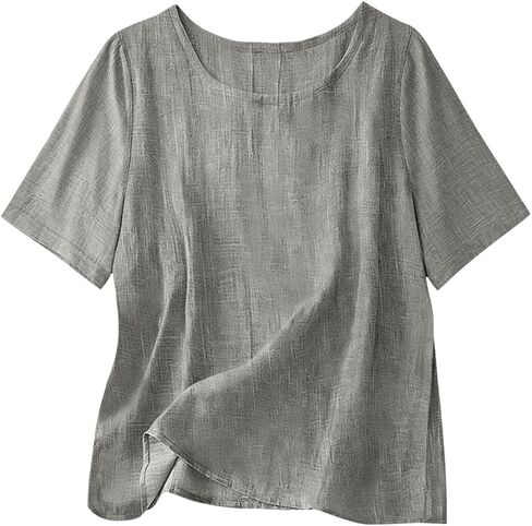 Cotton Linen Tops for Women Casual Loose Fit Crewneck Short Sleeve Plain Tshirts Shirts Ladies Summer Vacation Blouses in Kuwait