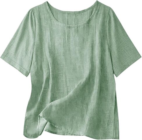 Cotton Linen Tops for Women Casual Loose Fit Crewneck Short Sleeve Plain Tshirts Shirts Ladies Summer Vacation Blouses in Saudi Arabia