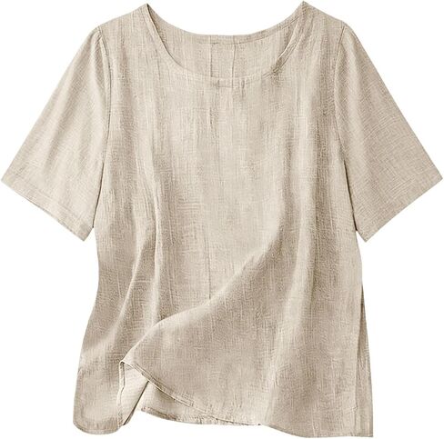 Cotton Linen Tops for Women Casual Loose Fit Crewneck Short Sleeve Plain Tshirts Shirts Ladies Summer Vacation Blouses in Saudi Arabia