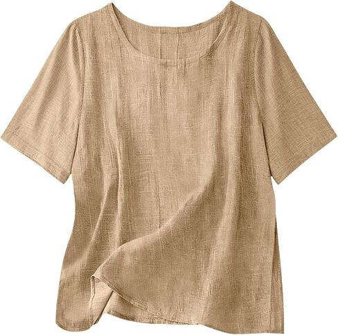 Cotton Linen Tops for Women Casual Loose Fit Crewneck Short Sleeve Plain Tshirts Shirts Ladies Summer Vacation Blouses in Saudi Arabia