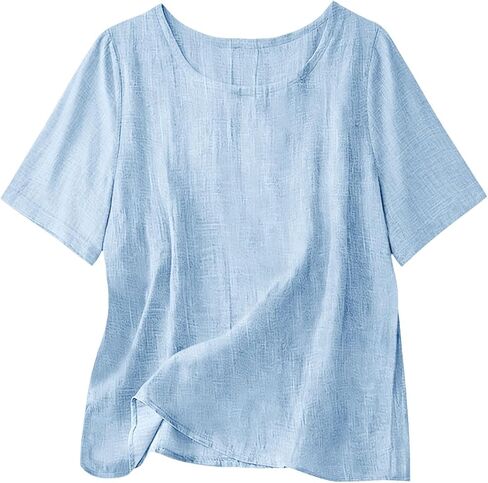 Cotton Linen Tops for Women Casual Loose Fit Crewneck Short Sleeve Plain Tshirts Shirts Ladies Summer Vacation Blouses in Saudi Arabia