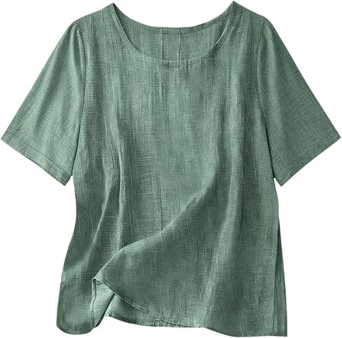 Cotton Linen Tops for Women Casual Loose Fit Crewneck Short Sleeve Plain Tshirts Shirts Ladies Summer Vacation Blouses in Saudi Arabia