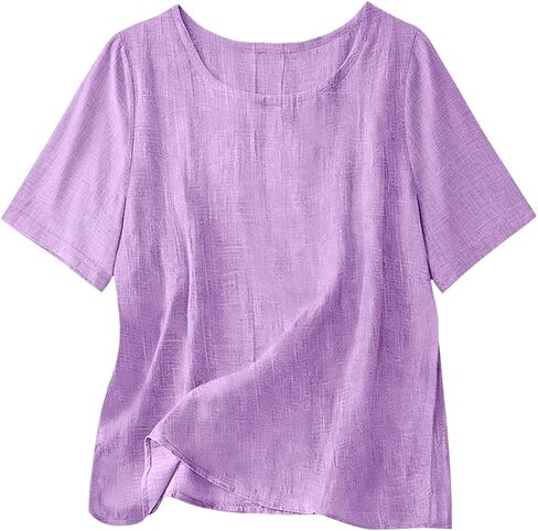 Cotton Linen Tops for Women Casual Loose Fit Crewneck Short Sleeve Plain Tshirts Shirts Ladies Summer Vacation Blouses in Saudi Arabia