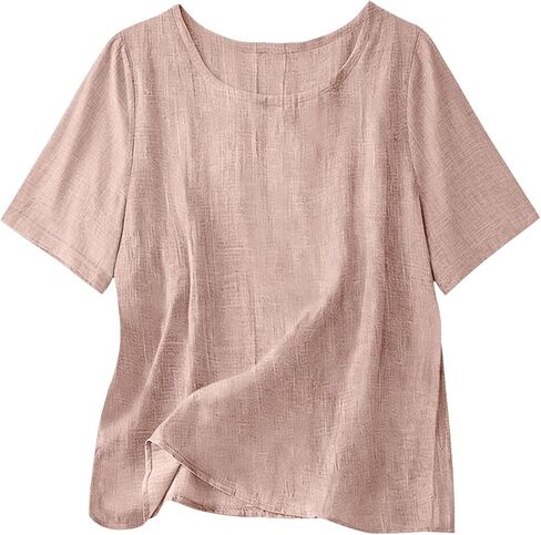 Cotton Linen Tops for Women Casual Loose Fit Crewneck Short Sleeve Plain Tshirts Shirts Ladies Summer Vacation Blouses in Saudi Arabia