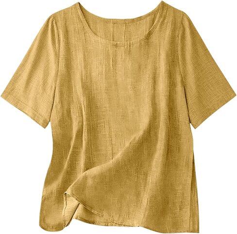 Cotton Linen Tops for Women Casual Loose Fit Crewneck Short Sleeve Plain Tshirts Shirts Ladies Summer Vacation Blouses in Saudi Arabia