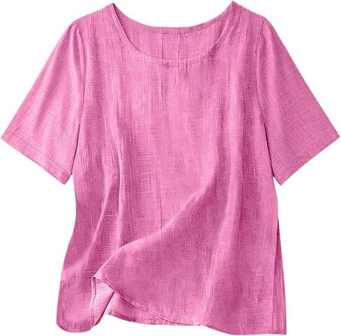 Cotton Linen Tops for Women Casual Loose Fit Crewneck Short Sleeve Plain Tshirts Shirts Ladies Summer Vacation Blouses in Saudi Arabia
