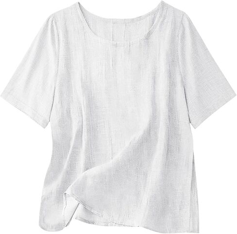 Cotton Linen Tops for Women Casual Loose Fit Crewneck Short Sleeve Plain Tshirts Shirts Ladies Summer Vacation Blouses in Saudi Arabia
