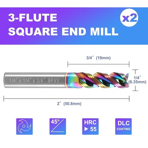 DLC Carbide Square End Mill 1/4 Shank for Aluminum & Copper, 3 Flute, HRC 55 Deg, High Feed U-Type Design CNC End Mill Set for Roughing and Finishing, 3/4" LOC, 2" OAL, Pack of 2 in Saudi Arabia
