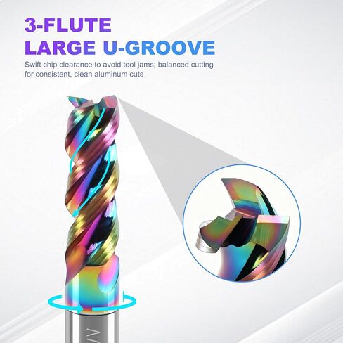 DLC Carbide Square End Mill 1/4 Shank for Aluminum & Copper, 3 Flute, HRC 55 Deg, High Feed U-Type Design CNC End Mill Set for Roughing and Finishing, 3/4" LOC, 2" OAL, Pack of 2 in Saudi Arabia