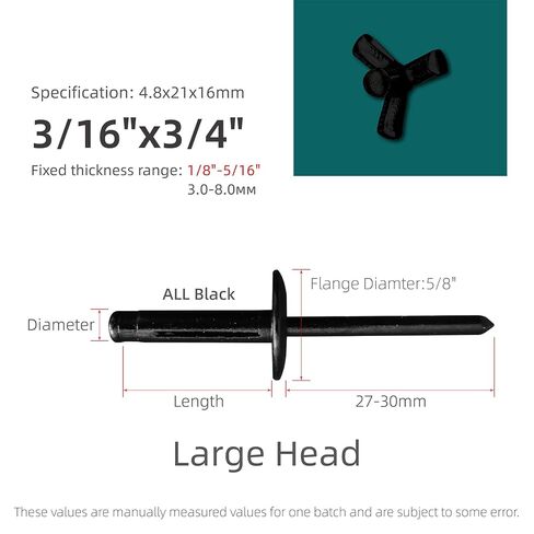 100 قطعة من المسامير ثلاثية الطي، مسامير عمياء قابلة للطي من سبائك الألومنيوم، مسامير برشام متفجرة ثلاثية الطي للمواد الناعمة أو البلاستيكية، مسامير ذات قبضة ثلاثية (أسود، 3/16 بوصة × 3/4 بوصة رأس كبير: 5/8 بوصة (16 مم)) in Kuwait