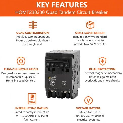 Genuine Square D HOMT230230 Quad Tandem Circuit Breaker Kit (1 Pack), Double 2-Pole, 30 Amp (30A), 120/240V, 10kAIC, UL Listed, Plug-on Space Saver for Homeline Load Centers & Panel Box in Kuwait