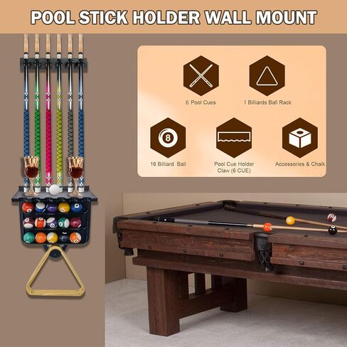 حامل عصا حمام السباحة على الحائط | 6 حامل جديلة مع حامل الكرة ومسند العصا | لوح هندسي من مادة البولي بروبيلين بقشرة من ألياف الكربون | حامل عصا البلياردو لملحقات غرفة الألعاب وطاولة البلياردو in Kuwait