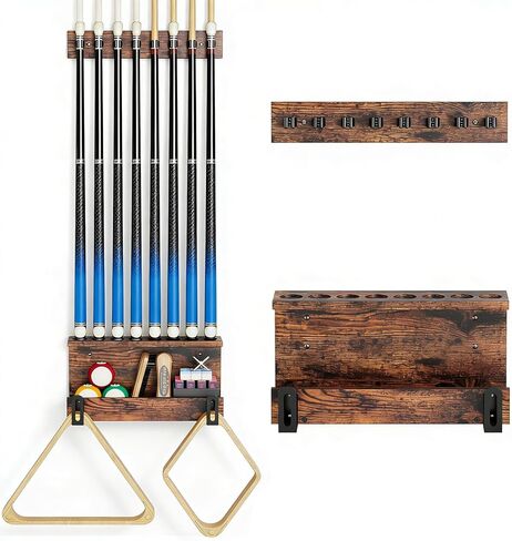 Wall Mount Pool Stick Holder, 8 Cues Pool Cue Holder Pool Table Accessories, Pool Cue Rack Hardwood Pool Cue Set, Rustic Storage Pool Table Accessories Equipment Organizer in Saudi Arabia