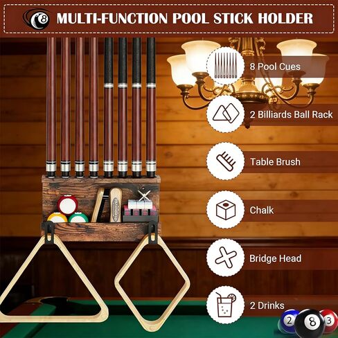Wall Mount Pool Stick Holder, 8 Cues Pool Cue Holder Pool Table Accessories, Pool Cue Rack Hardwood Pool Cue Set, Rustic Storage Pool Table Accessories Equipment Organizer in Saudi Arabia