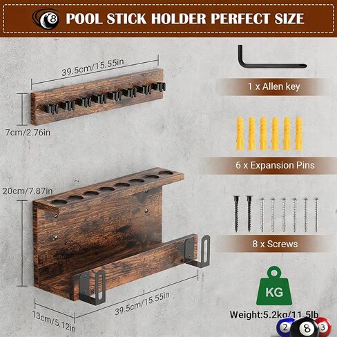 Wall Mount Pool Stick Holder, 8 Cues Pool Cue Holder Pool Table Accessories, Pool Cue Rack Hardwood Pool Cue Set, Rustic Storage Pool Table Accessories Equipment Organizer in Saudi Arabia