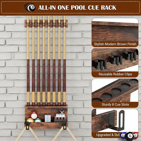 Wall Mount Pool Stick Holder, 8 Cues Pool Cue Holder Pool Table Accessories, Pool Cue Rack Hardwood Pool Cue Set, Rustic Storage Pool Table Accessories Equipment Organizer in Saudi Arabia