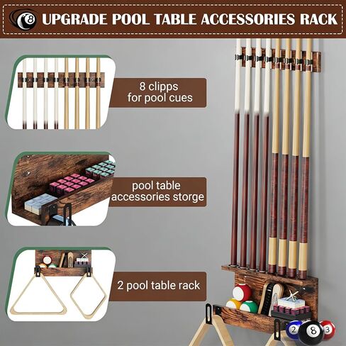 Wall Mount Pool Stick Holder, 8 Cues Pool Cue Holder Pool Table Accessories, Pool Cue Rack Hardwood Pool Cue Set, Rustic Storage Pool Table Accessories Equipment Organizer in Saudi Arabia