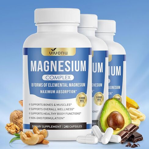 1000mg Magnesium Complex Capsules, 8-in-1 Magnesium Glycinate, Citrate, Malate, Taurate, Oxide, Carbonate, Aspartate, Orotate - 240 Capsules in Kuwait
