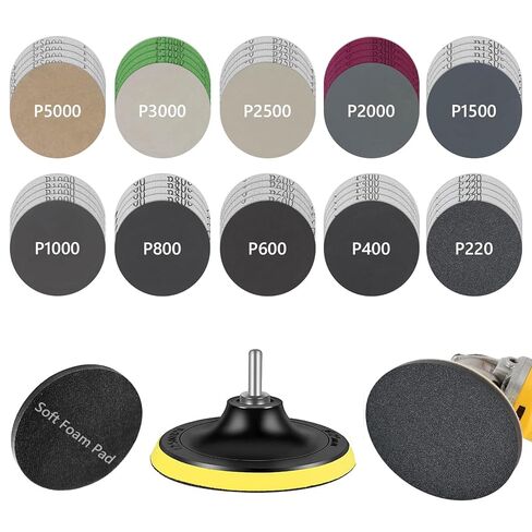 أقراص سنفرة رطبة وجافة مقاس 5 بوصات، 54 قطعة أقراص سنفرة زاوية مقاس 5 بوصة بخطاف وحلقة دعم مع 5/8-11 خيط لتلميع الخشب المعدني (220-5000 حبيبة) in Kuwait