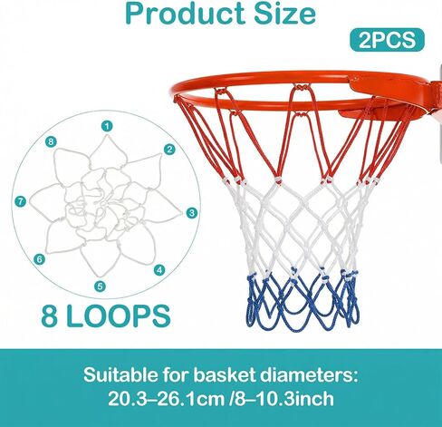 2Pack 8 Loops Mini Basketball Net Replacement, Heavy-Duty Nylon Little Small Basketball Net for Indoor Door Room Walls 8"-10.25" Hoop in Saudi Arabia