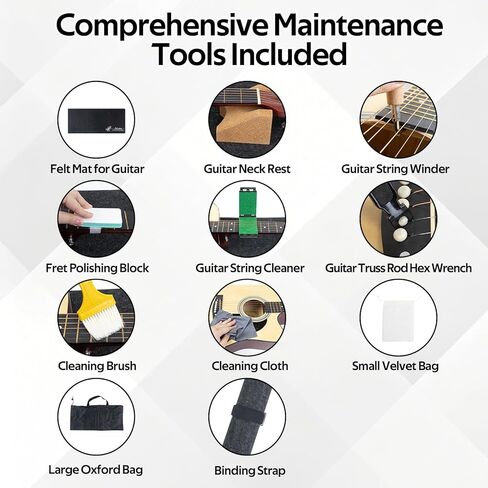 طقم حصيرة إصلاح الجيتار مع مسند للرقبة، وبساط عمل من اللباد، ولفاف سلسلة، وأدوات تلميع الحنق، وإكسسوارات التنظيف وأكياس التخزين - مجموعة صيانة كاملة للقيثارات الصوتية والكهربائية in Kuwait