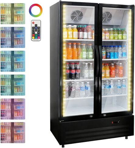 مبرد المشروبات التجارية بباب مزدوج 32.5 قدم مكعب من LinTimes - ثلاجة عرض زجاجية سعة 580 علبة | مبرد هواء خالٍ من الصقيع، ارتداد تلقائي للباب | للبار/المطعم/السوبر ماركت (أسود) in Kuwait