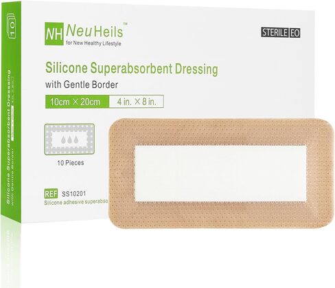Neuheils Silicone Super Extorbent Journ ، 4 × 8 بوصة (10 حزمة) + 2x6 بوصة منصات ماص | ما بعد الجراحة ، قروح السرير ، قرحة الضغط | ضمادة ذاتية اللصق للجروح والقطع الجراحية in Kuwait