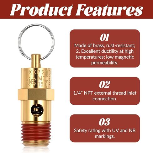 Brass Safety Valve Air Compressor Pressure Relief Valve 1/4" NPT 150 PSI 58 SCFM Air Compressor Relief Pressure Safety Valves NPT Threaded Part for Air and Water Discharge in Saudi Arabia