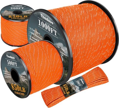 Reflective Paracord Rope 850Ib, 50/100/200/500/1000ft 4MM 11 Strand para Cords Lanyard Utility Parachute Cord for Tent Camping Hiking Survival Tactical Clothesline DIY Projects, Black 100FT in Kuwait