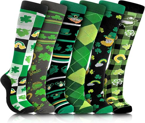 Geyoga 6 Pairs St. Patrick's Day Compression Socks for Women Men Green Knee High Irish Shamrock Clover Socks Bulk Novelty Holiday Outfits for Running Work Baseball Softball Football Teens Adults in Kuwait