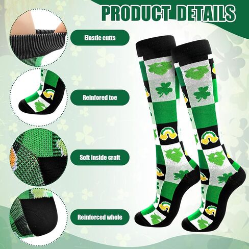 Geyoga 6 Pairs St. Patrick's Day Compression Socks for Women Men Green Knee High Irish Shamrock Clover Socks Bulk Novelty Holiday Outfits for Running Work Baseball Softball Football Teens Adults in Kuwait