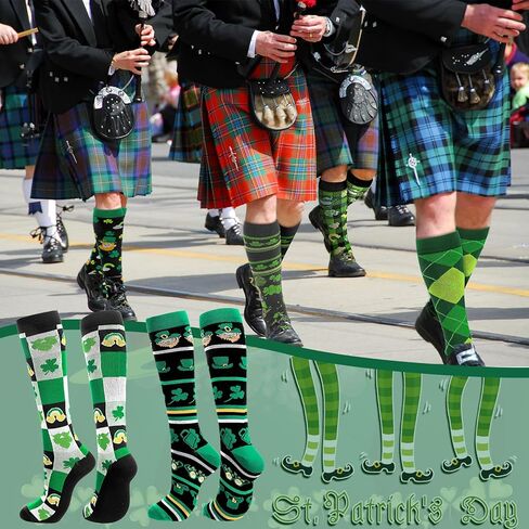 Geyoga 6 Pairs St. Patrick's Day Compression Socks for Women Men Green Knee High Irish Shamrock Clover Socks Bulk Novelty Holiday Outfits for Running Work Baseball Softball Football Teens Adults in Kuwait