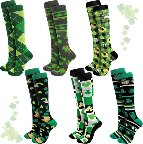 Geyoga 6 Pairs St. Patrick's Day Compression Socks for Women Men Green Knee High Irish Shamrock Clover Socks Bulk Novelty Holiday Outfits for Running Work Baseball Softball Football Teens Adults in Kuwait