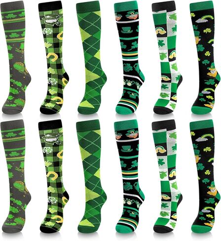 Geyoga 6 Pairs St. Patrick's Day Compression Socks for Women Men Green Knee High Irish Shamrock Clover Socks Bulk Novelty Holiday Outfits for Running Work Baseball Softball Football Teens Adults in Kuwait